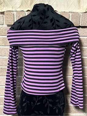 Off Shoulder Black And Purple Striped Long Sleeve Top